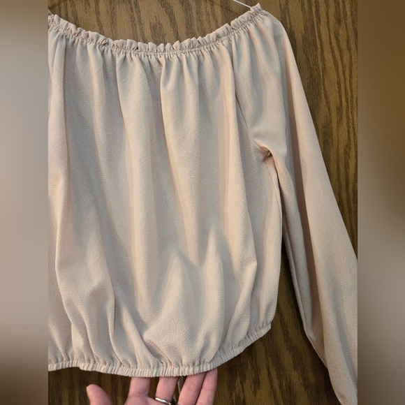 Pretty light tan, long sleeve peasant blouse with elastic waist and at wrists. - Picture 4 of 5